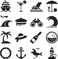 Nautical and Vacation Themed Icons Featuring Cruise Ship and Beach Accessories Keywords: cruise