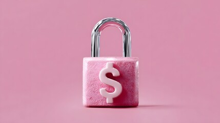 A soft pink fuzzy padlock featuring a prominent dollar sign symbolizing financial security and safe money transactions against a pastel background