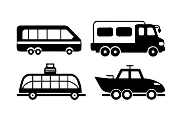 Various transportation vehicles in black and white