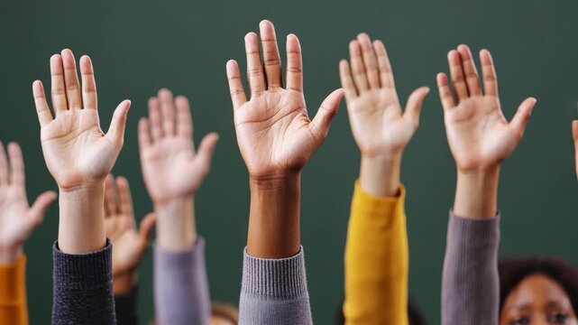 University campus and dormitory, Diverse hands raised in a classroom setting, seeking attention.