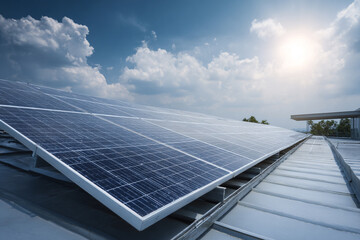 Rooftop solar panels generating clean energy under a bright sunny sky with fluffy clouds