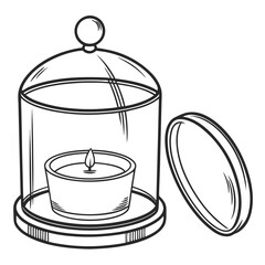 A lit candle inside a glass cloche with its lid resting beside it hand drawn illustration