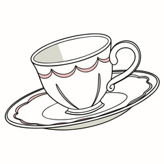 Elegant white teacup and saucer with delicate pink trim hand drawn illustration on a clean white background