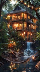 Obraz premium Tropical Treehouse Waterfall Night.