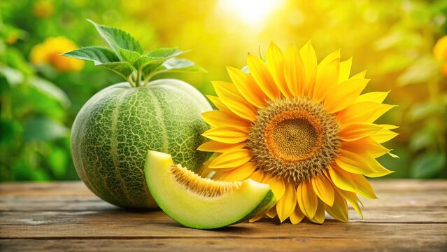 A vibrant summer scene featuring a honeydew melon, a slice of the melon, and a radiant sunflower on a rustic wooden surface, bathed in warm sunlight.