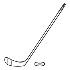 Simple black and white line drawing of a hockey stick and puck on a clean white background