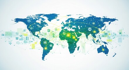 Global business network with connected world map, corporate vector graphic on a white background
