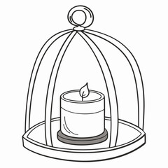 Simple line drawing of a lit candle inside a decorative metal lantern with a hanging loop