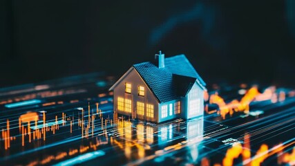 Illuminated model house stands on futuristic data interface representing real estate market trends - Powered by Adobe