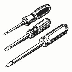 Three handheld screwdrivers with different tip types arranged diagonally on a white background