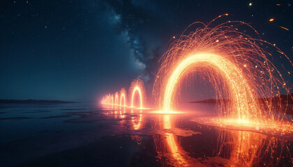 Surreal Celestial Fireball Symphony Over Reflective Lake | Magical Nightscape with Meteor Shower & Starry Sky