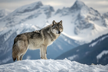Fototapeta premium Majestic Wolf Stands Proudly on Snowy Ridge with Mountain Peaks in Background