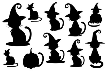 Halloween Black Cats with Witch Hats and Pumpkins Clipart – Spooky Cute Cat Illustrations