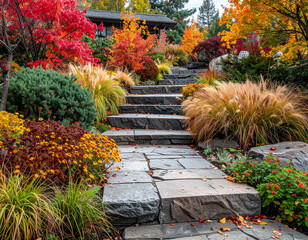 Stone Steps Autumn Garden Landscaped Pathway Design Photography