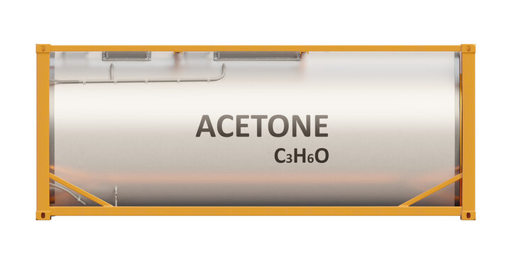 Side view from a right angle of an acetone transport tank container, isolated on transparent background. Acetone applications in polymer and synthetic fiber manufacturing. 3D illustration