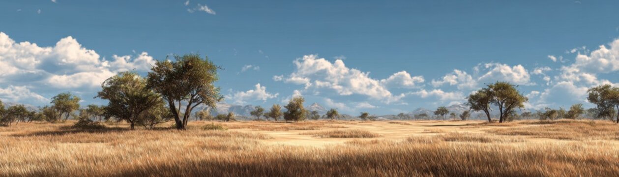 Wide savanna landscape with dry grass and scattered trees beneath a bright blue sky with fluffy white clouds creating a peaceful natural scene