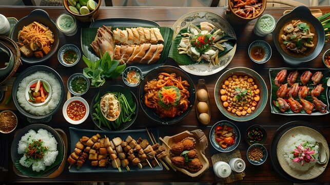 Exquisite Thai Cuisine Banquet Spread with Artfully Arranged Dishes in Traditional Pottery