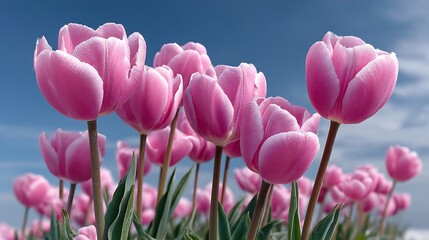 Fototapeta premium Vibrant pink tulips blooming under a clear blue sky in a serene garden setting.