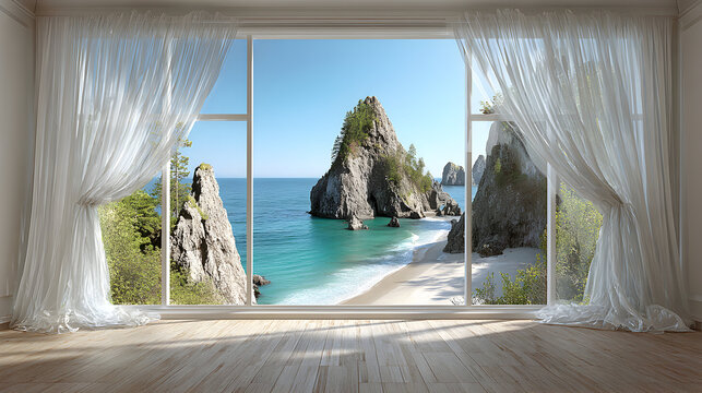 Fototapeta Ocean view seen through a large window in a bright room.