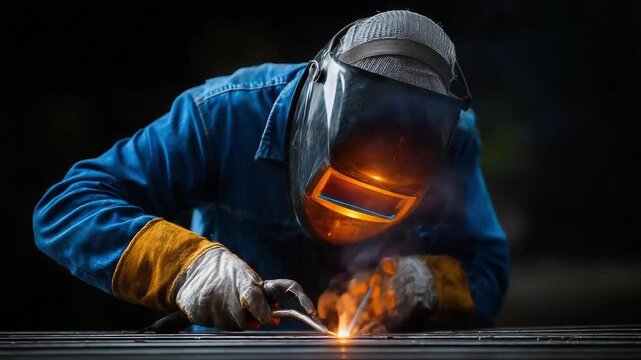 Welder in protective helmet and gloves welding metal, sparks flying and a bright arc lighting the scene.