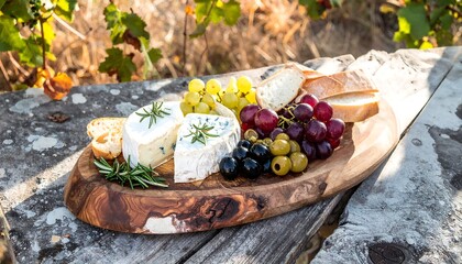Cheese and grapes platter outdoors