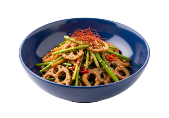 Savory lotus root and spring onions dish, garnished with sesame seeds and red chili flakes, served in a deep blue bowl against a stark black background.