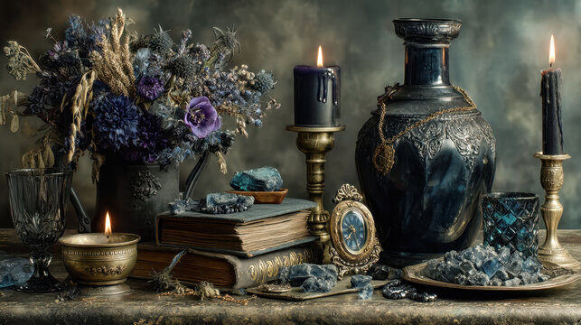 A table is set with a vase, candles, and books. The vase is blue and has a blue stone in it. The candles are lit and the books are open. Scene is mysterious and calming - Powered by Adobe