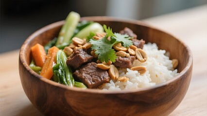 Homemade Thai Beef and Rice Bowl with Veggies Herbs