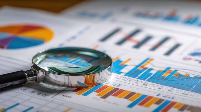 Financial Data Analysis: Charts, Graphs, and Magnifying Glass on Desk.