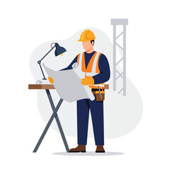 Construction worker examining blueprints at a table with a lamp