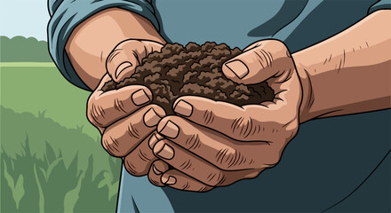 Farmer holding rich soil in hands. Dark brown earth in cupped palms shows healthy ground.  Soil sample represents fertile land and agriculture.