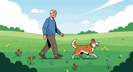 Fototapeta premium Active senior walking with dog through grassy field outdoors, showcasing healthy lifestyle. Active senior enjoying nature with faithful companion as they walk with dog.