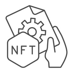 Certificate signature of non fungible token file thin line icon, NFT multiverse concept. Vector graphics. Token file in hand sign on white background, outline style icon for mobile or web design.