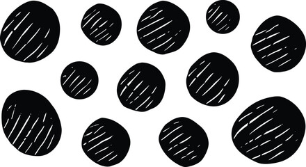 Collection of handdrawn black circles with hatching lines isolated on white background