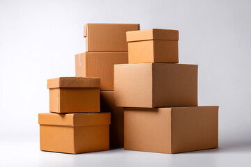 Stacked cardboard boxes on white background ready for shipping or storage