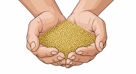 Hands holding seeds, with heap of tiny yellow spherical seeds filling open human hands. Hands with seeds offer promise of new beginnings. Use seeds in hands for agriculture, gardening,