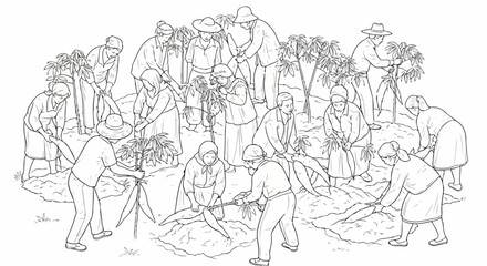 People working in garden, sketch shows group of workers gardening. Workers gardening by hand is very healthy and brings happiness. Garden scene with many workers gardening for mental clarity.