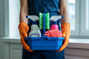 Person wearing orange gloves holds a blue cleaning caddy filled with spray bottles brushes and a mop head ready for household chores