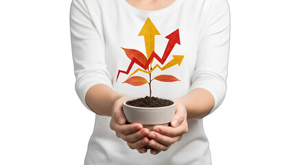Hands holding a small plant with rising arrow leaves, symbolizing business growth, financial investment, sustainable development, and startup success, isolated on white & transparent background.