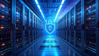 Futuristic server room with security lock graphic
