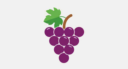 Isolated bunch grapes in a flat design, grapes are purple and shiny, and include a single green leaf. Bunch grapes evoke freshness and natural flavors in food-related designs,