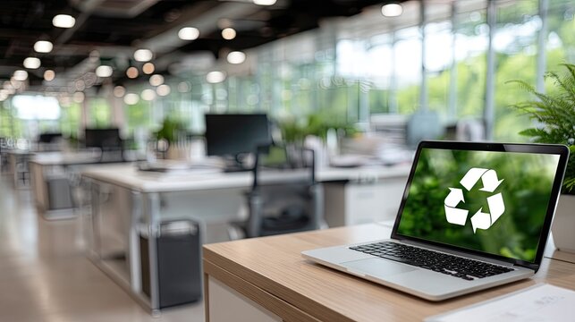 Modern office environment promoting sustainability with a laptop showing a recycling symbol and plants on desks