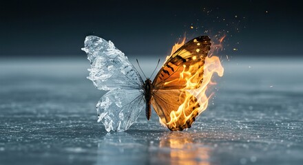 Obraz premium Butterfly one wing of ice one wing of fire juxtaposed on a reflective surface with a dark blue background