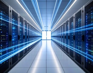 Futuristic server room with glowing cables and high tech lights