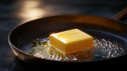 Butter Melting and Sizzling in a Realistic Pan Close-Up with Low Resolution