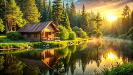 Fototapeta premium Serene Lakeside Cabin: Architectural Photography of Tranquil Nature Retreat