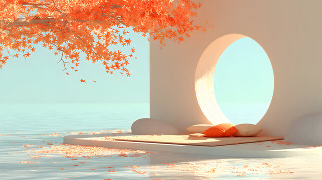 Fototapeta Platform with cushions under a tree near the ocean, seen through an arched window