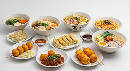 彩り豊か輝く麺料理 食欲をそそる餃子と揚げ物添え. AI Generated