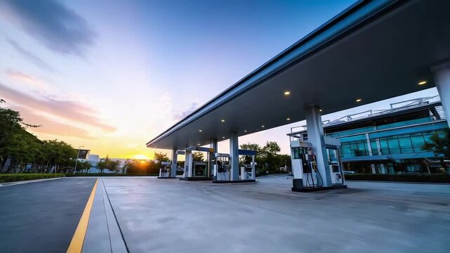 Sunset over a modern gas station with a long canopy and multiple fueling bays on a wide forecourt.