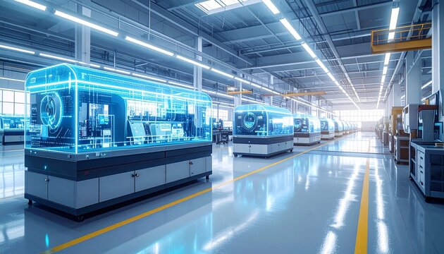 Futuristic factory environment with digital twin technology displayed